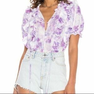 FOR LOVE & LEMONS Zinna Floral Ruffle Top Purple & White, X-Small